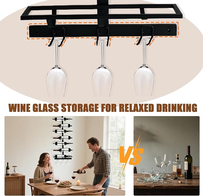 20 Bottle Wall Mount Wine Rack with Wine Glass Holder, Metal Wine Wall Rack, Wall Racks for Wine Bottles Display and Storage, Hanging Bottle Organizer for Living Dining Room Wine Cellar Bar (Black)