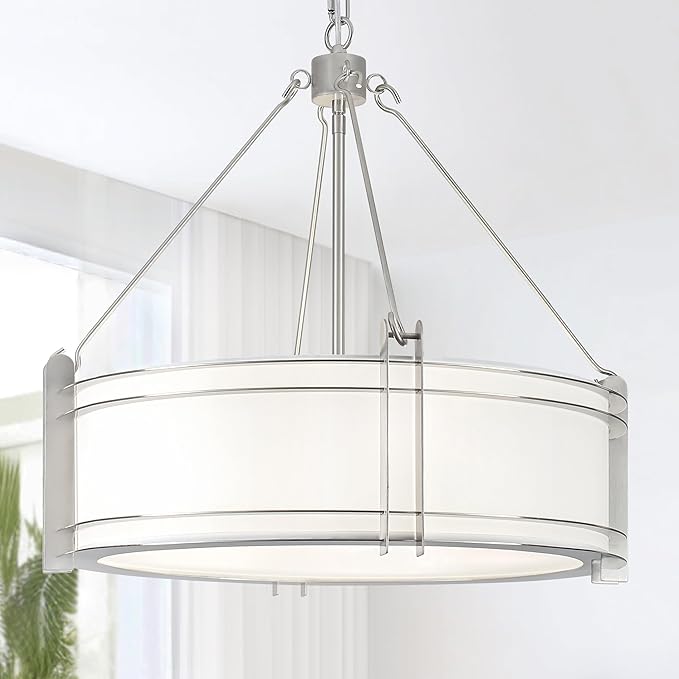 20.4''Drum Chandelier,5-Light Brushed Nickel Modern White Fabric Chandeliers,Farmhouse Round Pendant Light Fixture for Dining Room Kitchen Island Living Room Bedroom Hallway