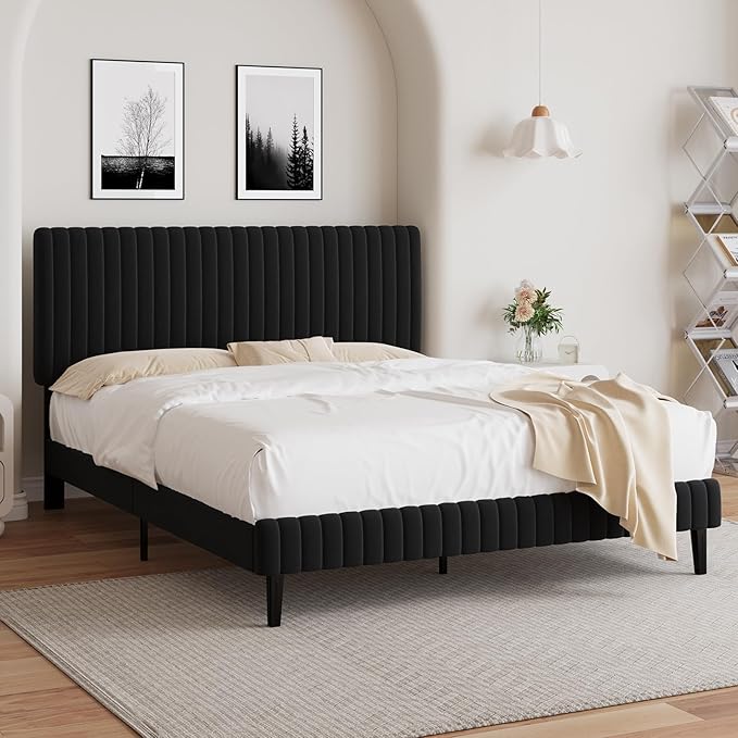 Queen Bed Frame, Velvet Upholstered Platform Bed with Vertical Channel Tufted Headboard, No Box Spring Required, Easy Assembly, Black