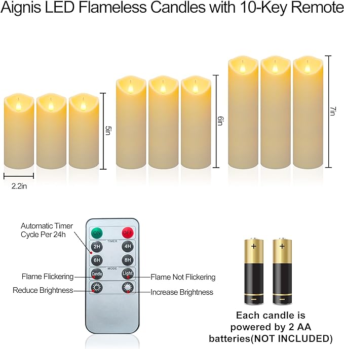 Aignis 9pcs Flameless LED Candles Battery Operated with 10-Key Remote & Timer, Indoor Heat Resistant, 3D Wick with Warm Flickering Glow for Cozy Home/Wedding/Holiday Décor (D 2.2" x H 5"/6"/7")