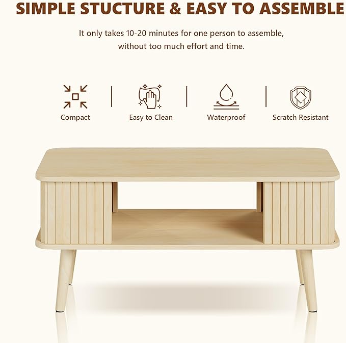 LAZZO Coffee Table with Storage Center Table for Living Room Rectangle Coffee Table with Rounded Edges,Easy Assembly, Natural Wood