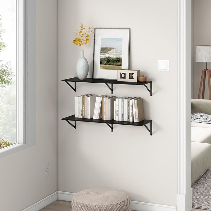 36"W x 12"D Floating Shelves, Black Deep Floating Shelves for Wall with Brackets, 12 Inch Deep Wall Shelves for Books, Wide Display Storage Shelves for Bathroom, Living Room, 36 Inch Long, Set of 2