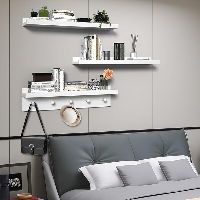 MBYD Picture Shelf Ledge, 24 Inch Floating Shelves for Wall, Nursery Book Shelves with Hooks Set of 3, Floating Shelf Wall Mounted for Bathroom,Kids Room, Living Room, Kitchen Bedroom White