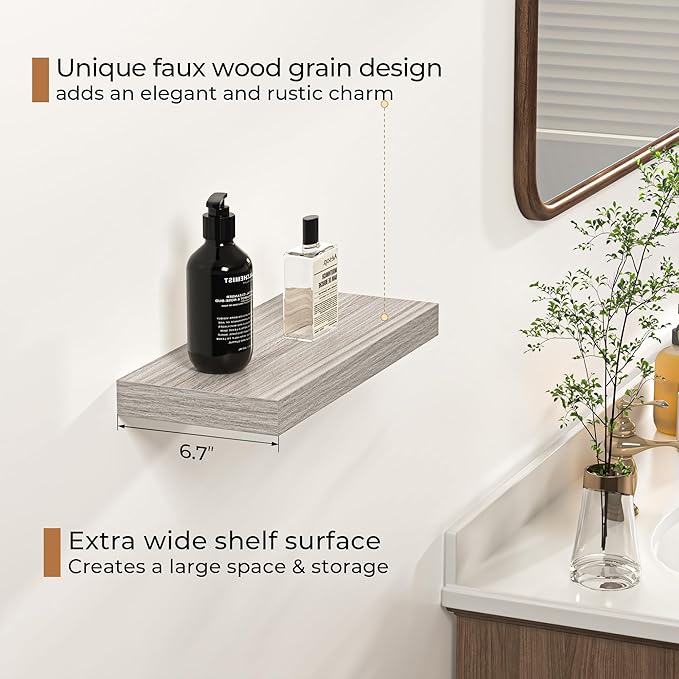Floating Shelves - Rustic Grey Storage Shelf Set of 2 - 16 Inch Wall Mounted Shelves for Wall Decor & Storage - Wooden Shelves with Invisible Brackets for Living Room, Bedroom, Kitchen, Farmhouse