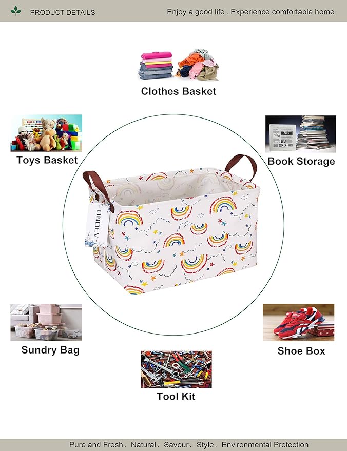 Rectangular Folding Laundry Basket, waterproof Canvas Basket,gift basket,Suitable for children's room,Office,Clothes,Toys Storage (rainbow)