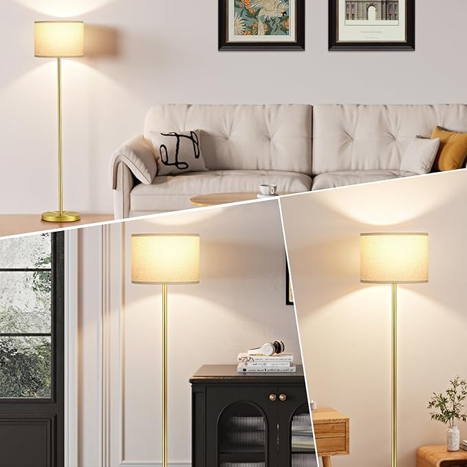 Ambimall 60'' Modern Floor Lamp with Shade, Tall Lamps for Living Room, Bedroom, Office, Dining Room, Beige Shade with Brushed Gold Pole(Without Bulb)