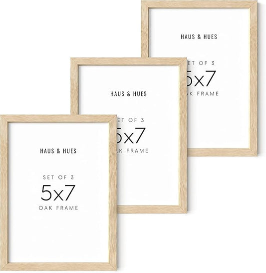 HAUS AND HUES Beige Wood Picture Frames 5x7 - Set of 3 for Gallery Wall, Collage Wall Decor, Photo Frames (Beige Oak)