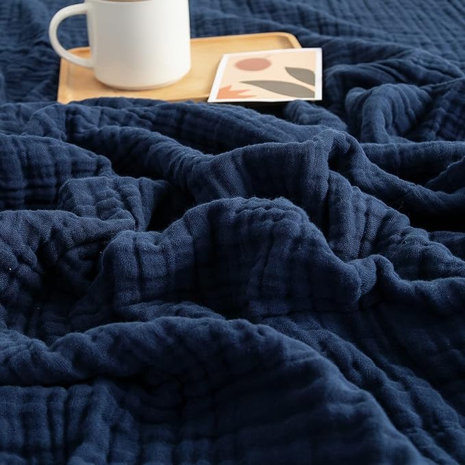 EMME Cotton Blanket Queen Size for Bed Soft Large Muslin Bed Blankets 90"x90" Lightweight Breathable All Season Gauze Blanket, Navy