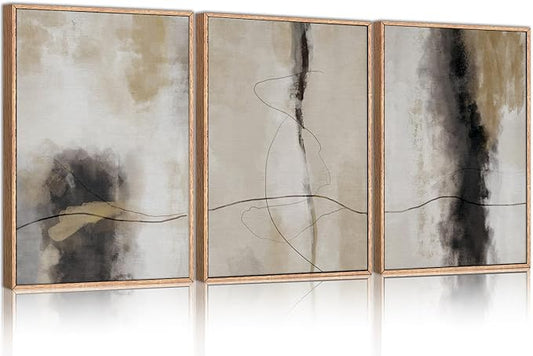 HPINUB Large Modern Abstract Framed Canvas Wall Art Set,Geometric Line Black White and Beige Textured Wall decor Neutral Gray Minimalist Art Print for Living Room,Bedroom,Dining Room,Office -16"x24"x3