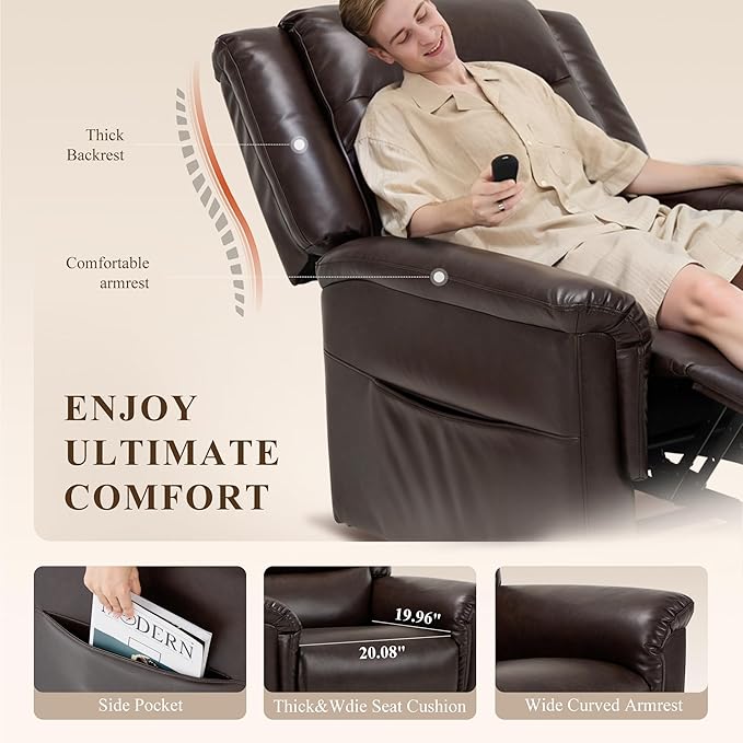 COLAMY PU Leather Power Lift Chair with Massage and Heat,Electric Lift Recliner Chair with Thick Cushioned Padding Backrest for Living Room, Office, Bedroom -Darkbrown