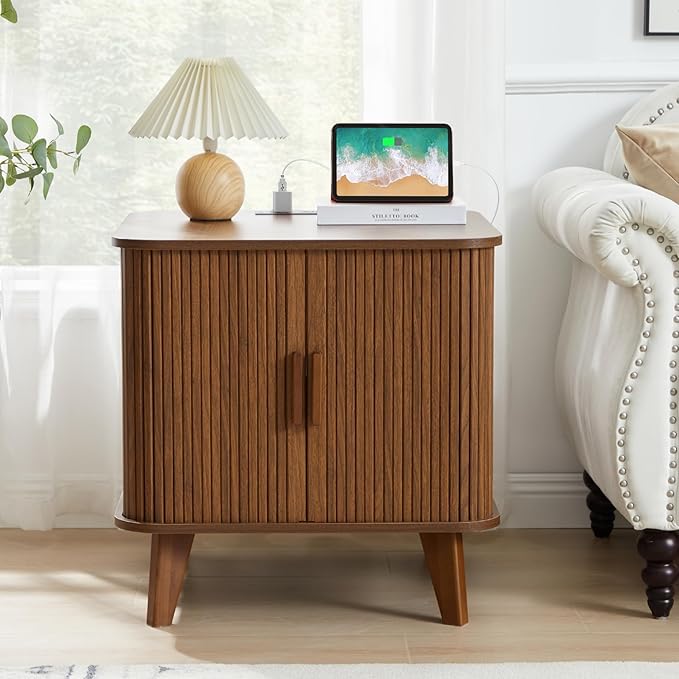 AVZEAR 24" Large Square End Table with Charging Station, Farmhouse Fluted Sofa Side Table with Sliding Tambour Door & Storage, Curved Rustic Wood Nightstand for Living Room, Bedroom, Walnut