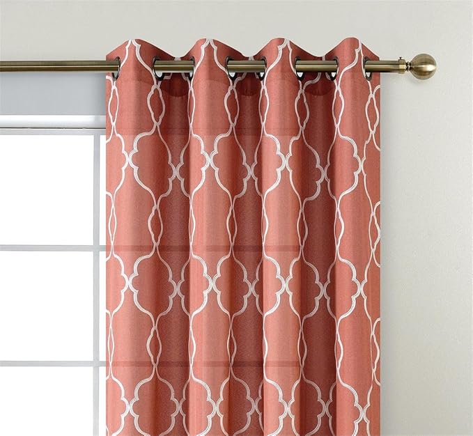 MIUCO Moroccan Embroidery Semi Sheer Curtains Faux Linen Grommet Curtain Panels for Kids Room 52 x 84 Inch 2 Panels, Rust