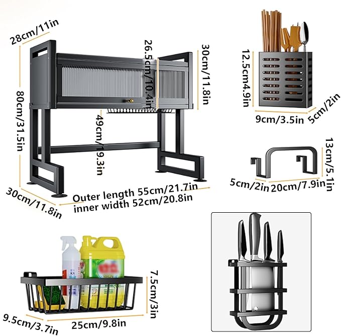 Home Furnishing Over The Sink Dish Drainer Drying Rack 3 Tier Over Sink Dish Rack for,oversink Dish Dry Rack,Space Saving Dish Drying Rack,Kitchen Sink Organizer countertop(Black,55cm/21.7in)