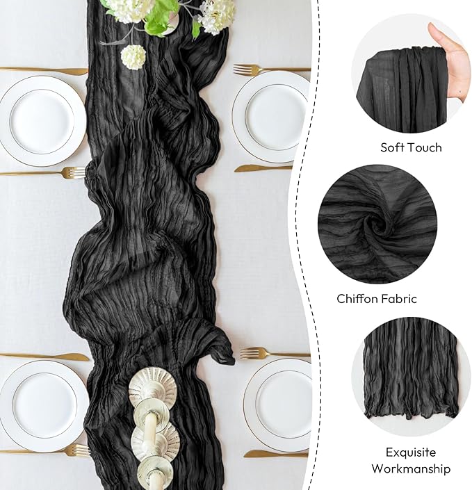 Sioloc Black Cheesecloth Table Runner Fall Autumn Decor for Home 10ft Table Cloth for Wedding Birthday Party Halloween Thanksgiving Decorations