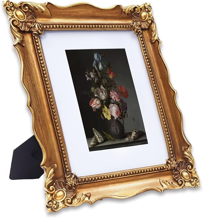Vintage 8x10 Picture Frame with Embossed Flower, Ornate Gold Frame for 8x10 or 5x7 Photos with White Mat, Antique Photo Frame for Tabletop & Wall Hanging (Bronze)