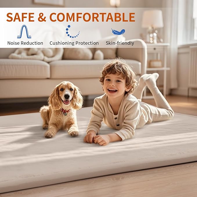 ACOMOPACK Baby Play Mat for Floor,1.3" Thick Memory Foam Area Rug for Living Room,Soft Velvet Crawling with Non-Slip Bottom for Kid,Toddler,79"×157" Tummy Time Nursery Rugs,Yoga（Beige）