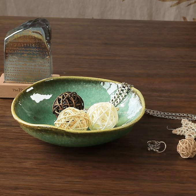 Ceramic Decorative Bowl with Green Glaze, 8'' Small Candy Bowl, Key Dish for Entryway Table, Home Decor Accent, Trinket Tray Holder for Nightstand Ring Gift (8'' Green)