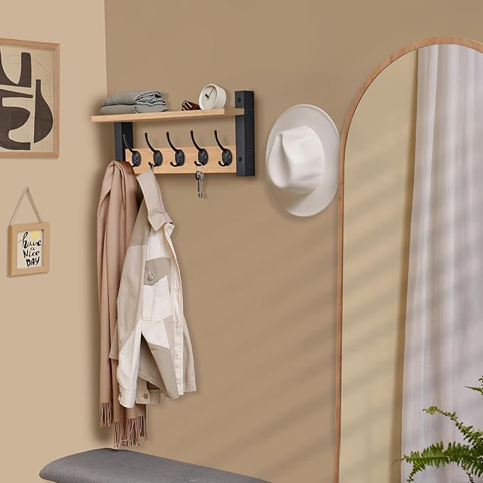 Sorbus Coat Hooks Wall Mount with Shelf – 16 Inch Coat Rack Wall Mount with 5 Heavy Duty Hooks – Floating Wall Shelf with Hooks for Entryway, Bathroom, Bedroom, Kitchen, or Mudroom (Maple Wood)