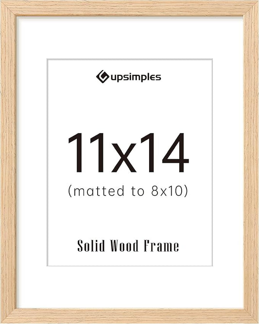upsimples 11x14 Picture Frame, Natural Solid Wooden Picture Frames, Display 8x10 with Mat or 11 x 14 Without, Vertical or Horizontal Wall Hanging, 1 Pack, Natural