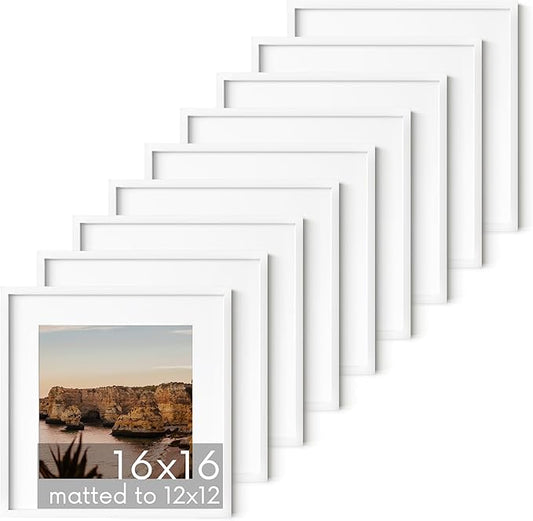 HAUS AND HUES 16x16 White Metal Picture Frames Matted to 12x12 - Features Premium Aluminum & Hanging Hardware, Shatterproof Plexiglass - Ideal for Home, Room, Office (16x16 in, White, Set of 9)