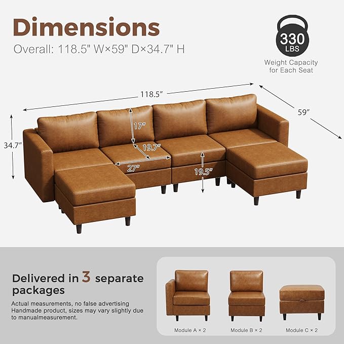 ABCASA 118.5" Oversized Modular Sectional Sofa, Faux Leather 6 Seater U Shaped Couch with Movable Ottoman and Storage Seat with Reversible Chaise Deep Seat for Living Room Brown