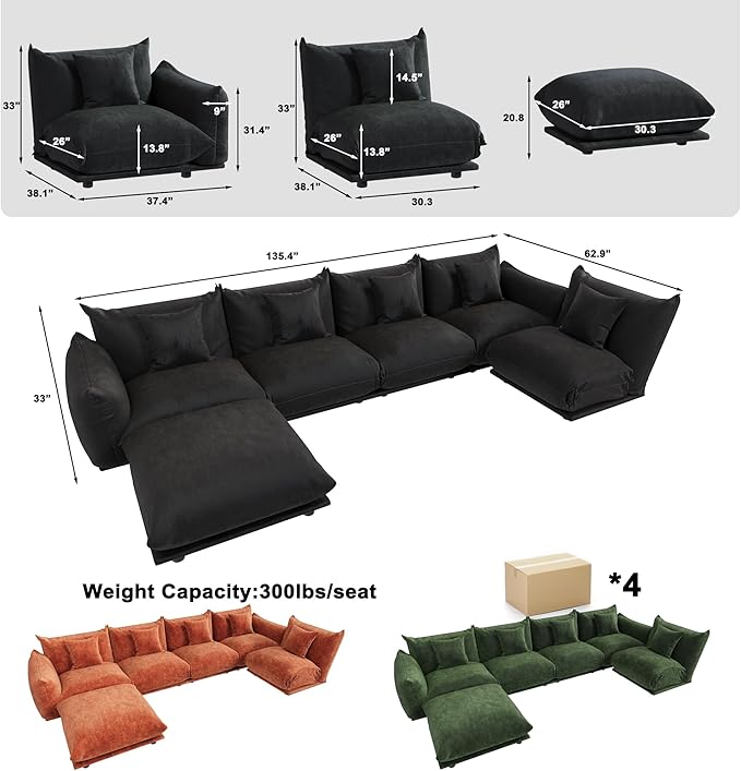 Modern Minimalist Chenille Modular Sectional Sofa, Oversized Deep-Seat U-Shaped Couch with Movable Ottoman, Thick Cushions, Upholstered Sofa for Living Room, Bedroom, Office, Apartment Black 1 Ottoman