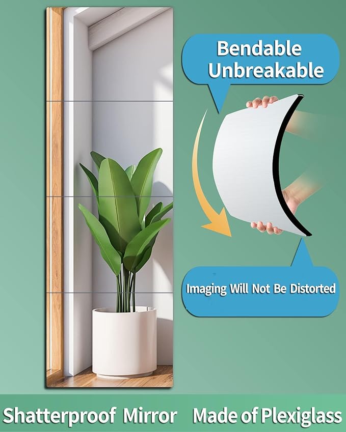 Shatterproof Wall Mirror Full Length for Bedroom, Acrylic Gym Mirrors For Home, Extra Thick: 0.12 inch, 14 x 14 inch x 4 Pcs, Workout Mirrors Safe for Kids, Over The Door, Long Wall Mounted
