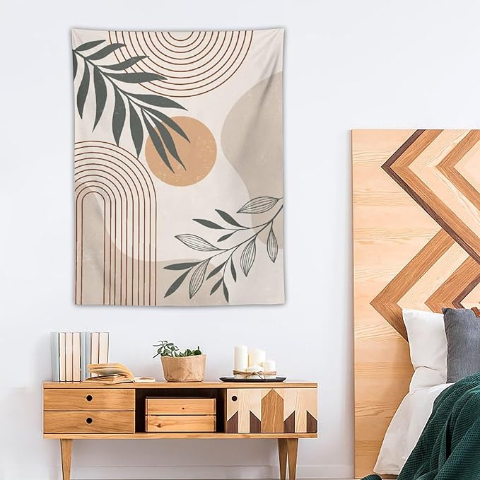 Abstract Boho Tapestry, Mid Century Tropical Tree Leaves Modern Geometric Arch Bohemian Botanical Tapestry, Home Aesthetic Wall Hanging Art Decor for Living Room Bedroom Dormitory 50x60 Inch