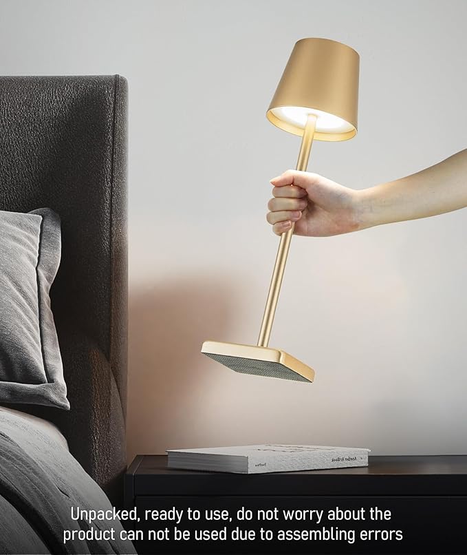 HASUN 2 Pack Rechargeable Table Lamp, LED Cordless Desk Lamp, 5200mAh Battery Operated Table Light, Aluminum Shell, 3 Color Stepless Dimming Up Waterproof for Coffee Table/Indoor/Outdoor (Gold)