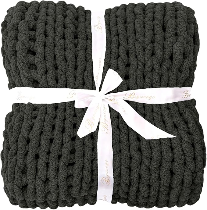 Bigacogo Chunky Knit Throw Blanket for Couch, 40x40 inches, 100% Hand Knitted with Thick Jumbo Chenille Yarn, Cozy Soft Large Rope Knot Cable Crochet Blankets for Sofa Bed Living Room, Dark Grey