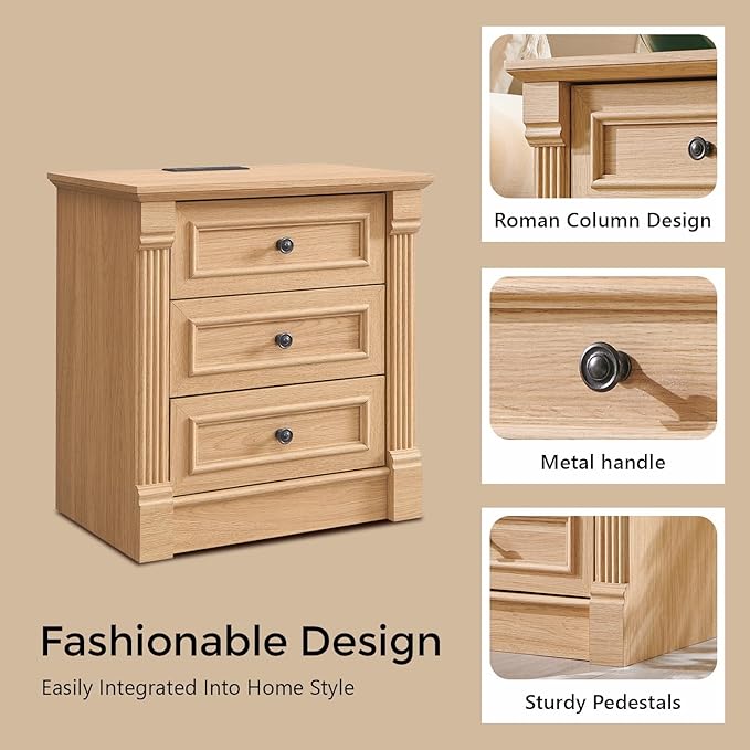 26" Tall Farmhouse Nightstand Set of 2, 3 Drawers End Table w/Charging Station, 23.6" Wide Large Side Table w/Roman Column, Wood Rustic Sofa Table for Bedroom, Natrual