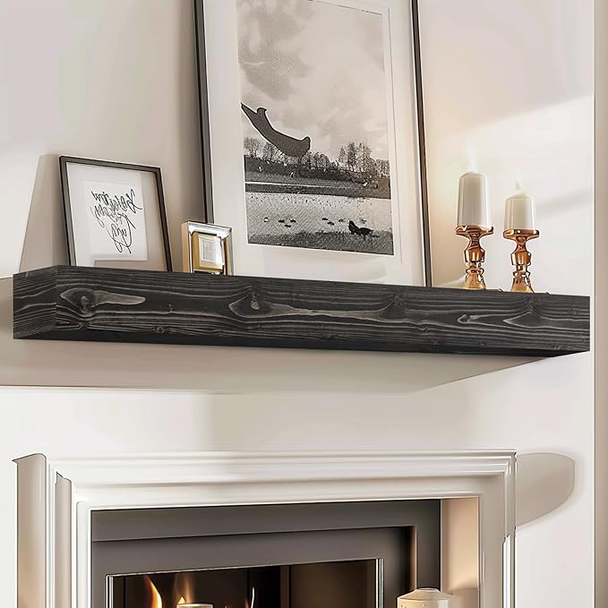56x8x5 Fireplace Mantel - Handcrafted Hollow Rustic Solid Wood Wall Mounted Floating Shelf with Invisible Heavy Duty Wood Bracket (Weathered Black)