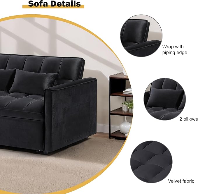 3 in 1 Convertible Sleeper Sofa Bed, Couch with Pull Out Bed with Side Pocket, Convertible Love Seat Sleepers Couch for Living Room, Bedroom, Black