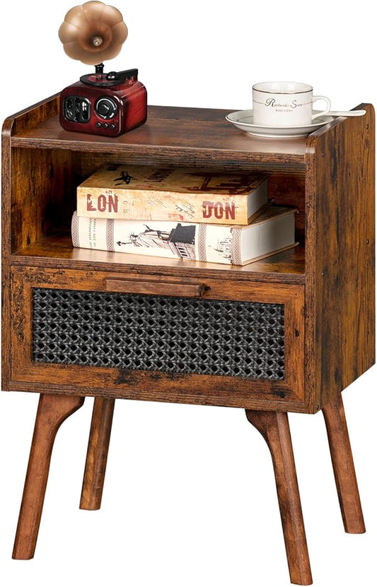 Lerliuo Rattan Nightstand, Boho Side Table with Drawer Open Shelf, Cane Accent Bedside End Table with Solid Wood Legs for Bedroom, Dorm and Small Spaces (Brown)