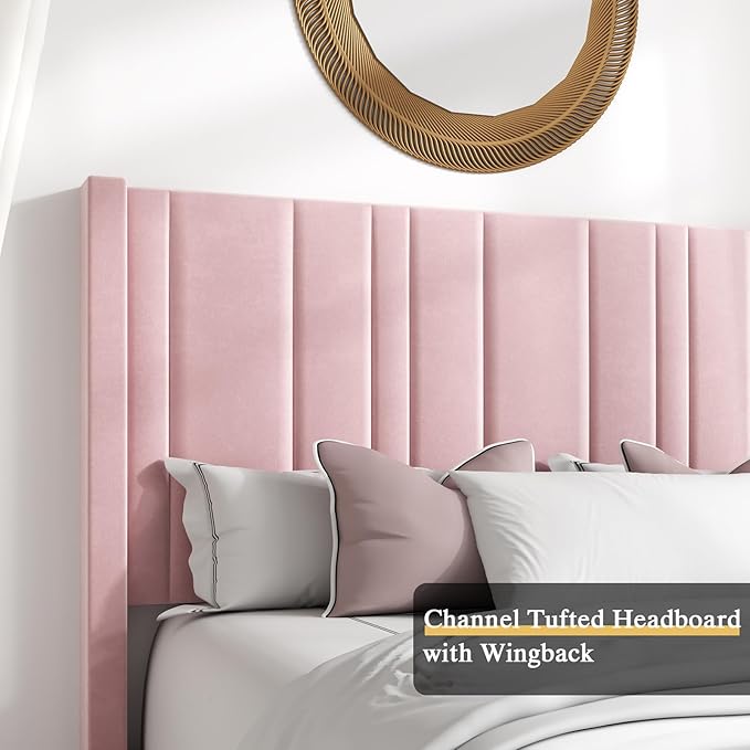 HOMBCK Pink Full Size Bed Frame Upholstered Bed with Velvet Tufted Headboard & Footboard, Mattress Foundation/Wooden Slats/Noise Free/No Box Spring Needed/Easy Assembly