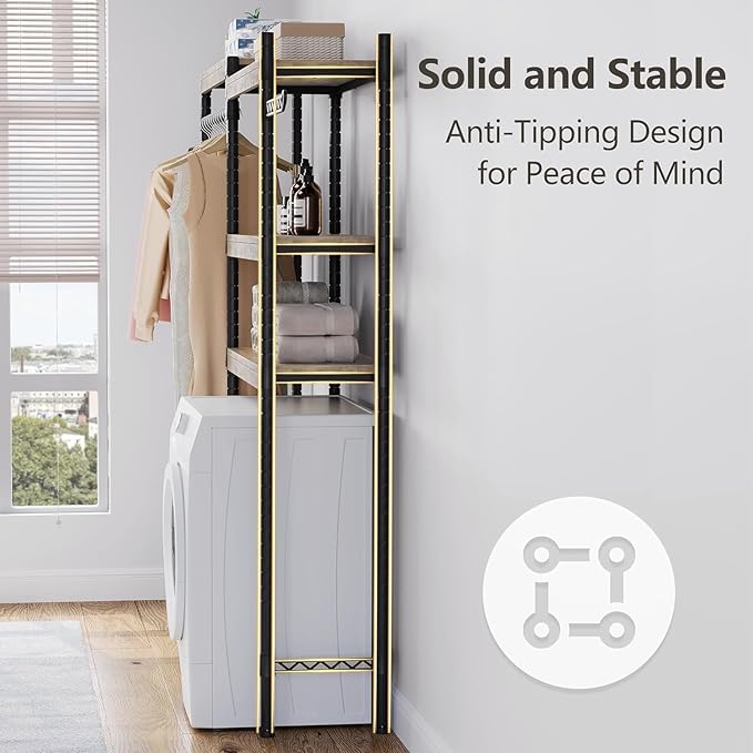 CABIHOME Heavy-Duty Laundry Shelf with Drying Racks | Space-Saving Adjustable Over-Washer Storage Organizer | 4-Tier Bathroom & Laundry Room Shelving Unit (Engineered Wood, 28")