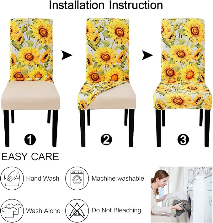 JQinHome Pattern Chair Covers for Dining Room Set of 4, High Stretch Removable Washable Parsons Chair Slipcover for Home Party Hotel Wedding Ceremony (Sunflower,4PCS)