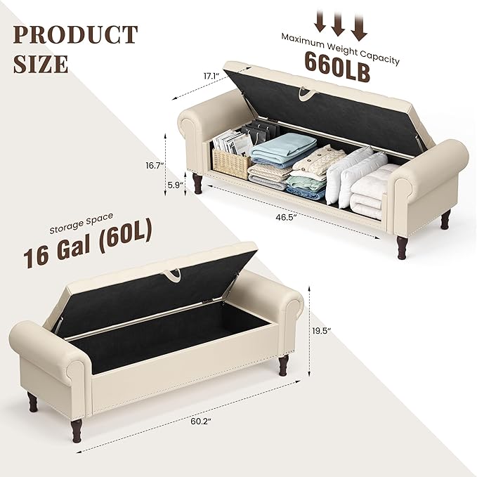 Storage Ottoman Bench for Bedroom, 60" Upholstered Bedroom Bench with Rolled Arms and Vintage Rivets, Large Storage Chest for Living Room, Bedroom, Entryway, Beige