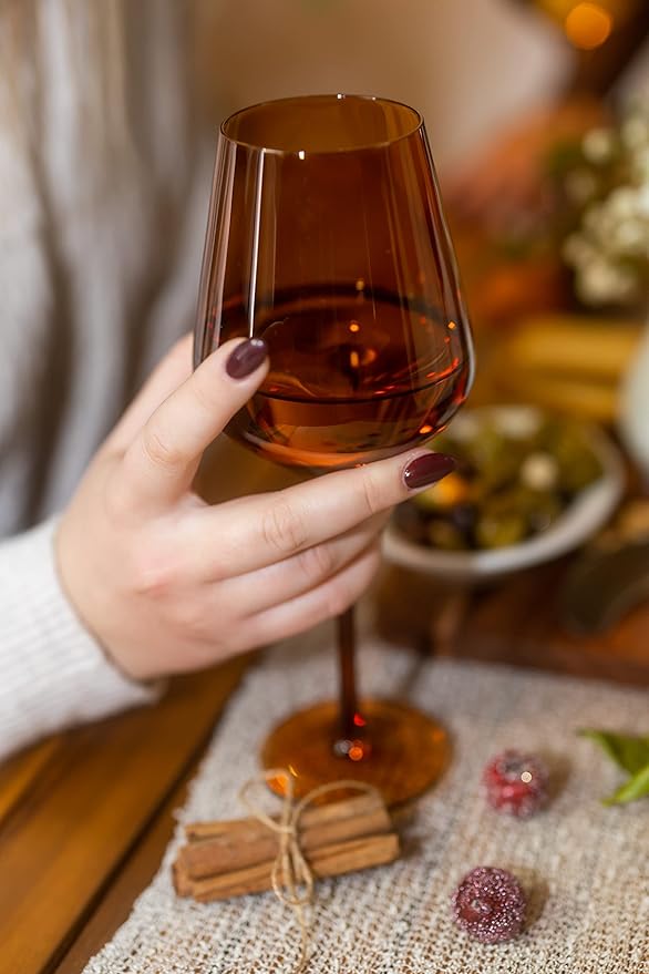 Saludi Original Dark Orange Leaf Wine Glasses, 16.5oz (Set of 6) Stemmed Single Color Rust Terracotta- Great for All Wine Types and Occasions or Gifts - Luxury, Durable, Hand-Blown