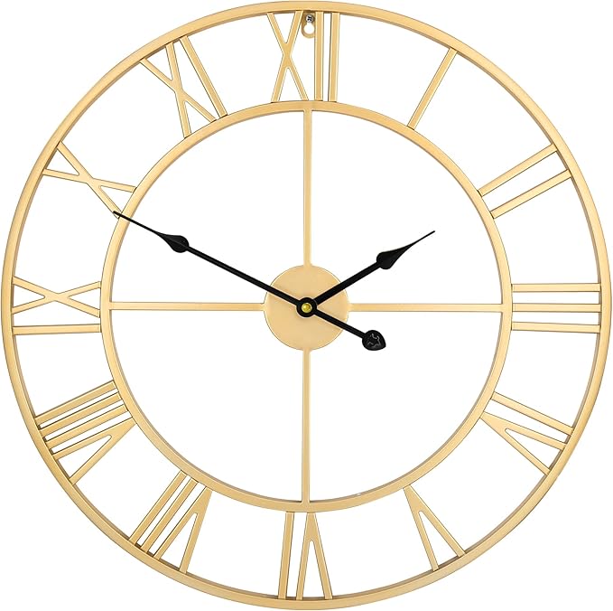 Large Modern Metal Wall Clocks Rustic Round Silent Non Ticking Battery Operated Roman Numerals Clock for Living Room/Bedroom/Kitchen Wall Decor-(Gold, 40cm)