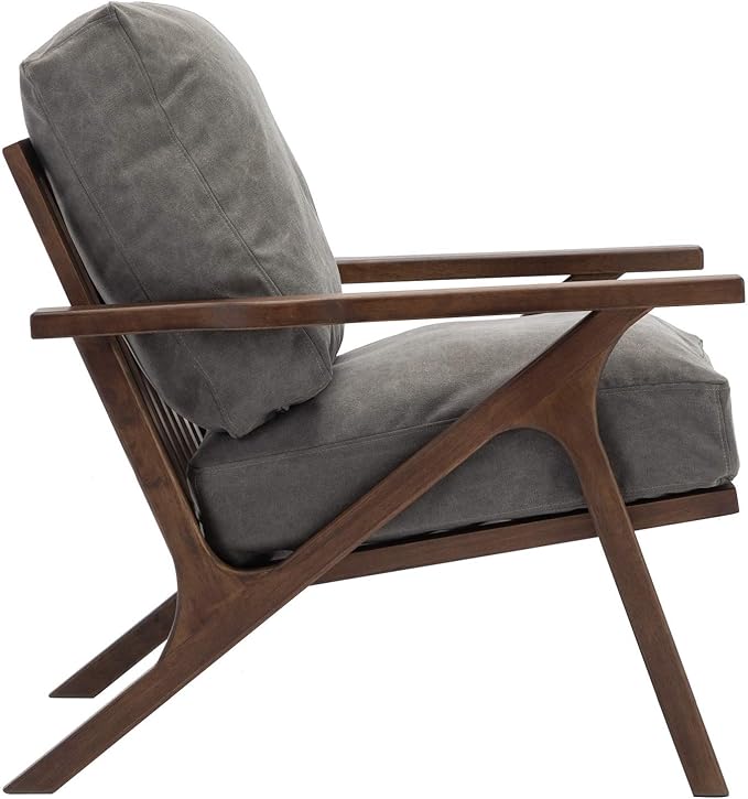 Wahson Mid Century Chair, Upholstered Accent Armchair, with Wood Frame and Canvas Cushions, Leisure Slipper Chair for Living Room/Bedroom, Grey