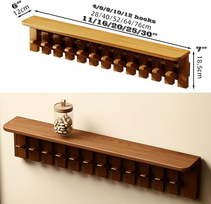 Wall Mounted Piano Key Hanger | Flip Style Hook | Entrance Wall Art Hook, Made of Oak Wood (3 Times Painted, 4 Times Polished) (Tray Walnut, 10Hooks)