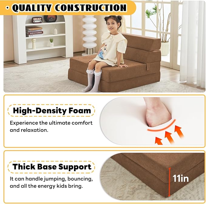 jela Foldable Sofa Bed Large Soft Foam Convertible Sleeper Chair Luxury Miss Fabric Fold Out Chair Bed Floor Couch with Back Support Floor Sofa for Living Room Bedroom (83"x33",Coffee Brown)
