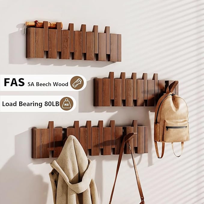 Wall Mounted Piano Key Hanger | Flip Style Hook | Entrance Wall Art Hook, Made of Oak Wood (3 Times Painted, 4 Times Polished) (LED Walnut, 10Hooks)