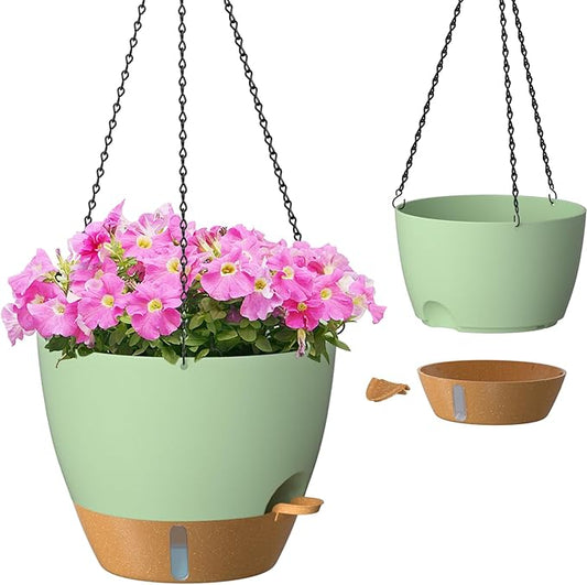 ZMTECH 12 Inch Hanging Planters for Indoor Outdoor Plants, 2 Pack Self Watering Hanging Plant Pots with Drainage Hole, Visual Reservoir, Plastic Flower Hanging Pots with Watering Lip (Green)