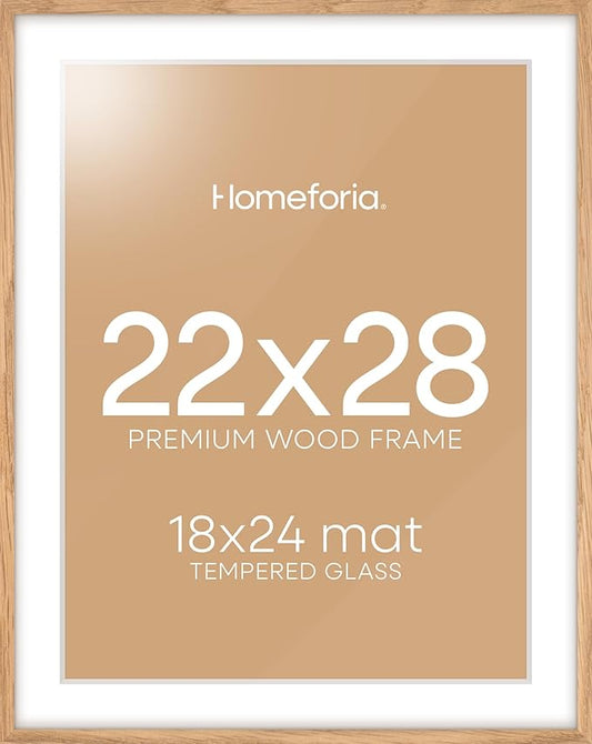 Homeforia Wooden Poster Frame 22x28, High End Natural Oak 22 x 28 Picture Frame with Mat 18 by 24, 22x28 Light Wood Frame Matted to 18x24 Photo, 28by22 Large Frames, Tempered Glass, Wall Kit, Set of 1