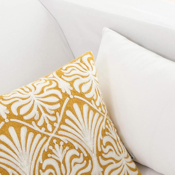 HWY 50 Mustard Yellow Decorative Lumbar Pillow Cover Rectangle 12x20 Inch (1 Piece), Embroidered Cotton Farmhouse Cushion Cover Pillow Case for Sofa Couch Living Room Bed, Minimalist Floral
