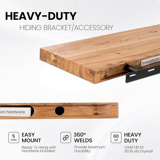 Floating Shelves for Wall, 36"x9.3" Rustic Solid Live-Edge Elm Wood Wall Shelves, Heavy-Duty Floating Shelves with Invisible Brackets, Set of 2 for Living Room, Bedroom, and Kitchen, Natural Finish
