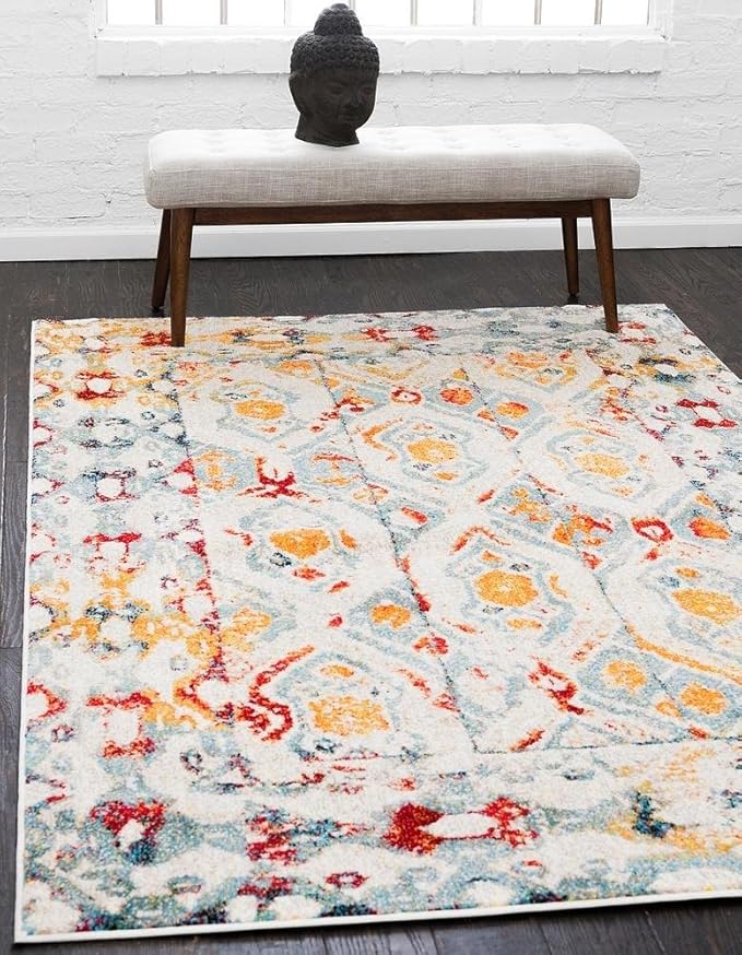 Unique Loom Rosso Collection Vintage, Geometric, Bohemian, Traditional, Distressed, Southwestern Area Rug, 5' 0" x 8' 0", Multi/Ivory