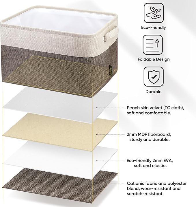 BALEINE 2 Pack Fabric Storage Bins for Shelves, Linen Storage Baskets for Organizing, Decorative Closet Bins for Clothes, Home (Brown, 12"x8"x8")